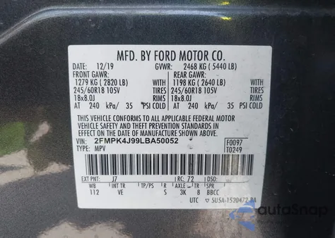 2020 Ford Edge Sel из США, поврежденный, VIN 2FMPK4J99LBA50052